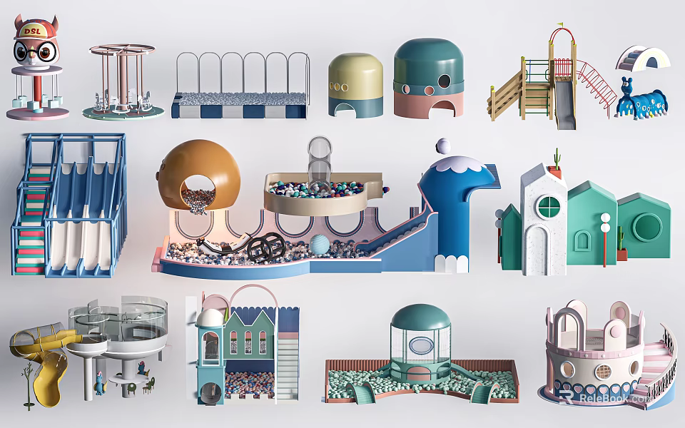 Various Types Of Kids Playground Equipment With Slides Ball Pits And Climbing Frames 3d model 