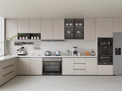 Modern Kitchen Interior With Light Gray Cabinets Glass Doors Oven Dishwasher And Marble Countertop 3d model