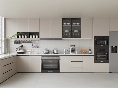 Modern Kitchen Interior With Light Gray Cabinets Glass Doors Oven Dishwasher And Marble Countertop 3d model