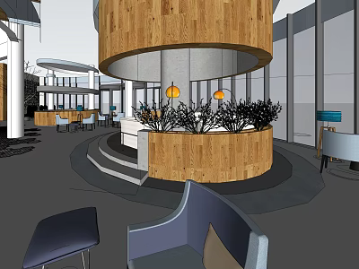 Modern Hotel Lobby Interior With Circular Wooden Reception Desk Pendant Lights And Green Plants 3d model