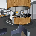 Modern Hotel Lobby Interior With Circular Wooden Reception Desk Pendant Lights And Green Plants