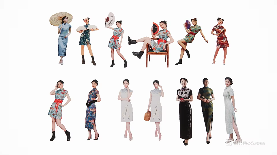 Group of Women in Elegant Traditional Qipao with Various Styles and Poses 3d model 