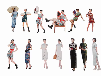 Group of Women in Elegant Traditional Qipao with Various Styles and Poses 3d model