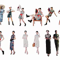 Group of Women in Elegant Traditional Qipao with Various Styles and Poses