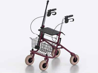 Medical Walker With Four Wheels Seat Metal Basket And Maroon Black Frame Beige Wheels 3d model