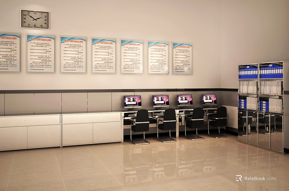 Modern Public Office Area With Wall Display Boards Computers Office Chairs And Storage Cabinets 3d model 