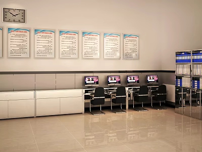 Modern Public Office Area With Wall Display Boards Computers Office Chairs And Storage Cabinets 3d model