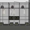 Modern Open Wardrobe With Metal Frame Glass Doors Hanging Clothes Hats And Storage Boxes
