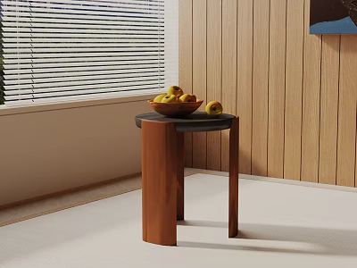 Stylish Side Table With Bowl Of Apples By Window And Wooden Wall 3d model