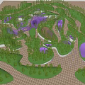 Park Landscape With Curved Green Roof Purple Mesh Structure And Seating Area