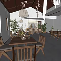 Rustic Restaurant Interior Featuring Wooden Long Table Log Stools Straw Chandelier And White Curtains