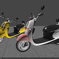 Two Stylish Yellow And Pink White Scooters Parked On Gray Pavement