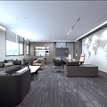 Modern Office Interior With Large Windows Sofa Coffee Table Desk Chairs And World Map Wall 3d model