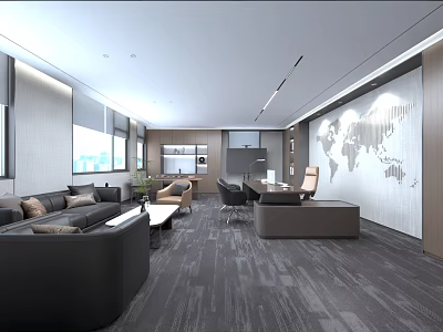 Modern Office Interior With Large Windows Sofa Coffee Table Desk Chairs And World Map Wall 3d model