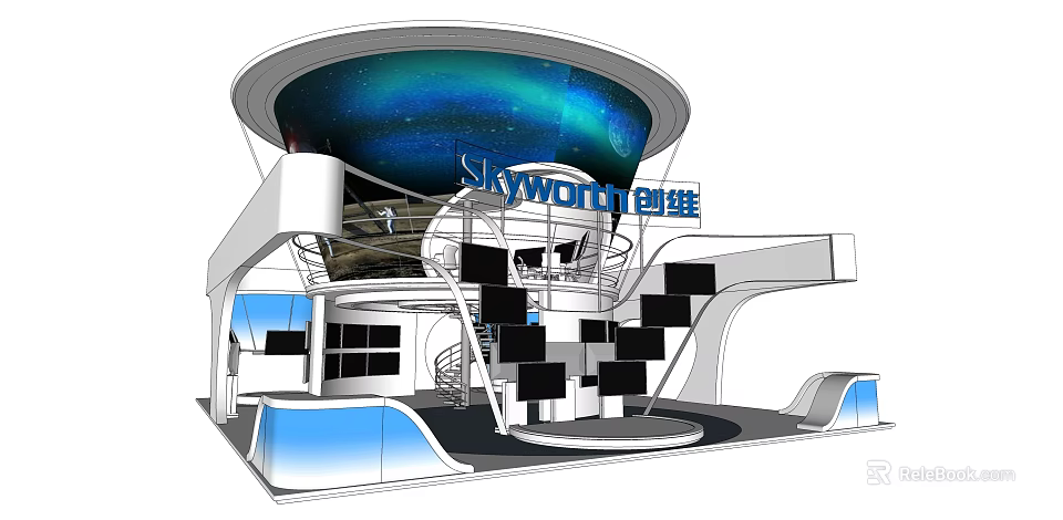 Skyworld Exhibition Hall Modern Design With Spiral Staircase Screen Displays And Starry Ceiling 3d model 