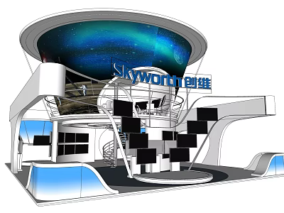 Skyworld Exhibition Hall Modern Design With Spiral Staircase Screen Displays And Starry Ceiling 3d model