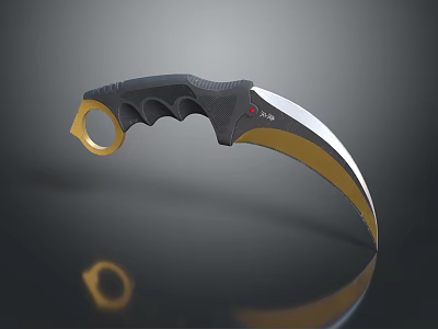 Tactical Karambit Knife With Black Handle Gold Ring Metallic Blade And Reflective Surface 3d model