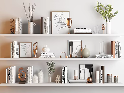 Decorative Ornament Combination On White Shelves With Books Vases Green Plants And Sculptures 3d model