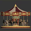 Vintage Carousel with Red White Canopy And Golden Decorated Wooden Horses