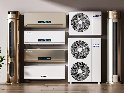 Different Styles of Air Conditioner Fans Including Wall Mounted and Floor Standing Units 3d model