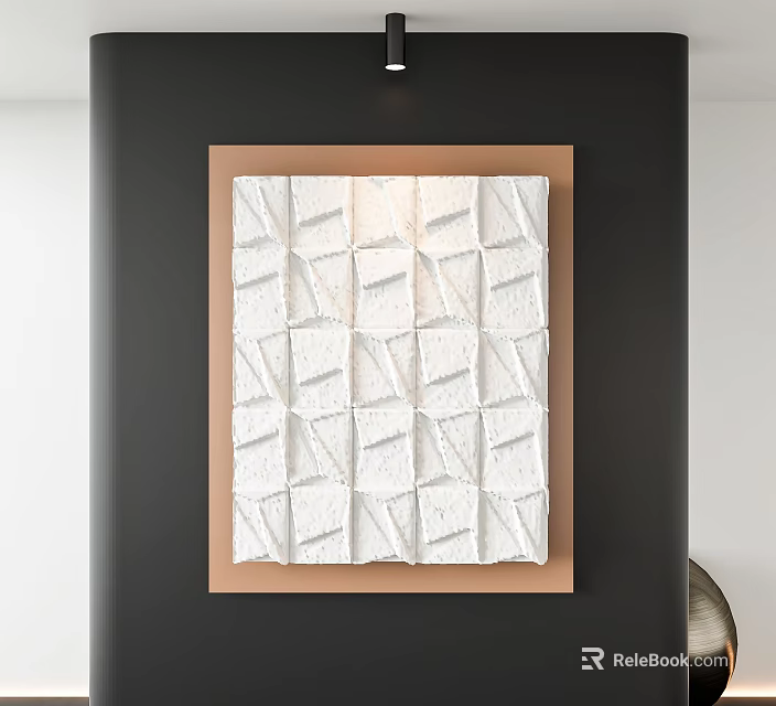 Modern White Abstract Painting With Brown Frame And Textured Grid Design On Dark Wall 3d model 