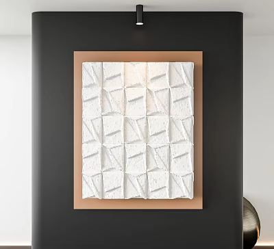 Modern White Abstract Painting With Brown Frame And Textured Grid Design On Dark Wall 3d model