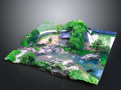 Lush Natural Scenic Model Featuring Flowing Stream Scattered Rocks Trees And Traditional Pavilion 3d model