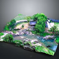 Lush Natural Scenic Model Featuring Flowing Stream Scattered Rocks Trees And Traditional Pavilion