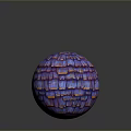 Purple And Blue Cube With Brick Like Texture Alongside Sphere On Black Smooth Surface With Reflections