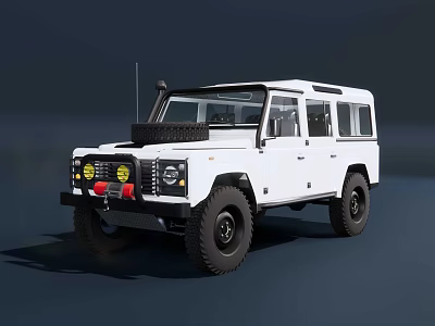 White Classic Off Road Vehicle With Rugged Exterior Yellow Headlights Black Tires And Roof Antenna 3d model