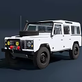 White Classic Off Road Vehicle With Rugged Exterior Yellow Headlights Black Tires And Roof Antenna