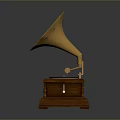 Vintage Gramophone with Golden Horn Wooden Base and Black Vinyl Record