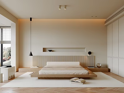 Modern Bedroom Interior Design With Wooden Bed Frame Neutral Tones And White Wardrobe 3d model