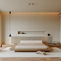 Modern Bedroom Interior Design With Wooden Bed Frame Neutral Tones And White Wardrobe