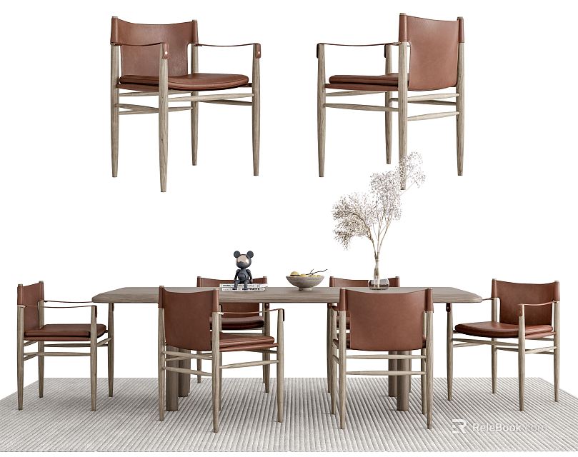 Modern Leather Dining Table Set With Metal Legs And Tabletop Decorative Items 3d model 