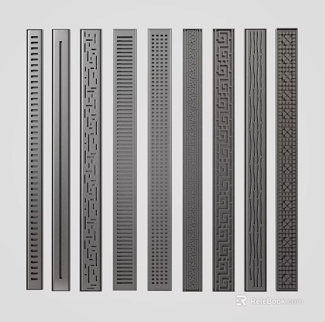 Decorative Metal Strips With Various Textured Patterns And Geometric Designs In Vertical Arrangement 3d model 