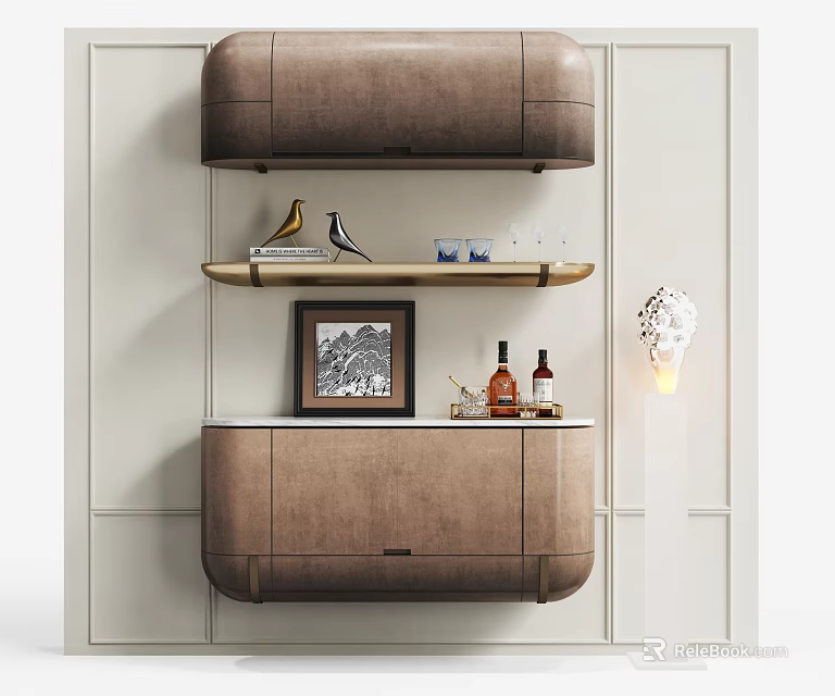 Wall Mounted Brown Decorative Cabinet With Shelf Bird Figurines Glassware Framed Artwork And Bottles 3d model 