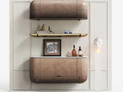 Wall Mounted Brown Decorative Cabinet With Shelf Bird Figurines Glassware Framed Artwork And Bottles 3d model