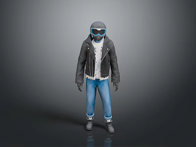 Fashionable Outfit Including Black Leather Jacket White Shirt Blue Jeans Gray Helmet Goggles Gloves Boots 3d model