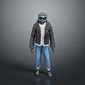 Fashionable Outfit Including Black Leather Jacket White Shirt Blue Jeans Gray Helmet Goggles Gloves Boots
