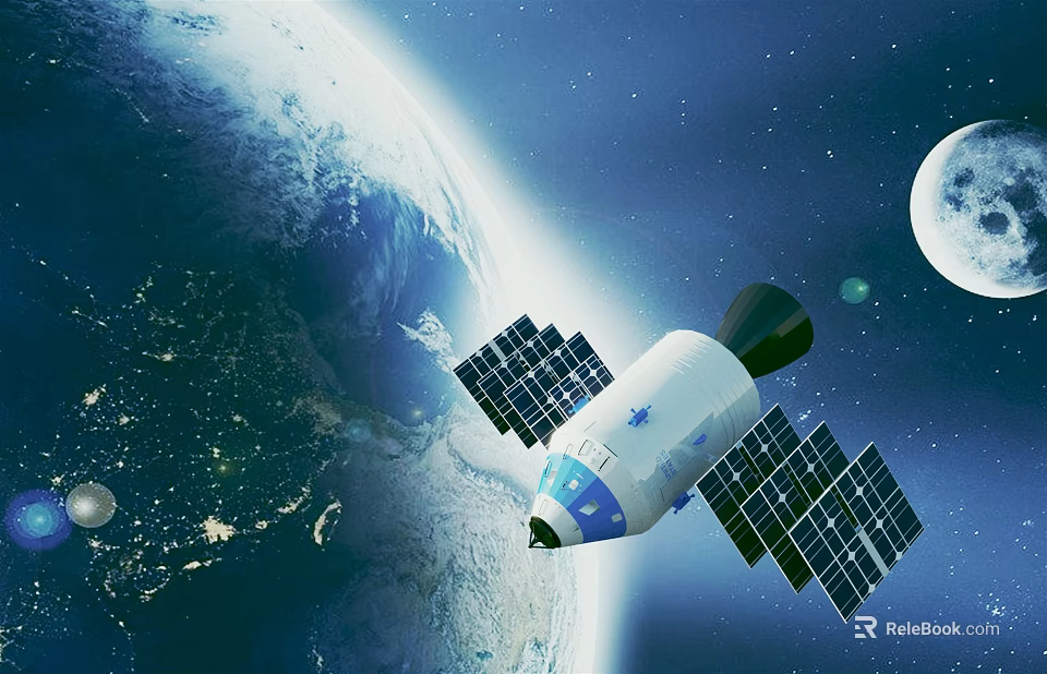 Cartoon Scene Of Space With Satellite Earth And Moon In Starry Background 3d model 