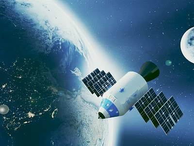 Cartoon Scene Of Space With Satellite Earth And Moon In Starry Background 3d model