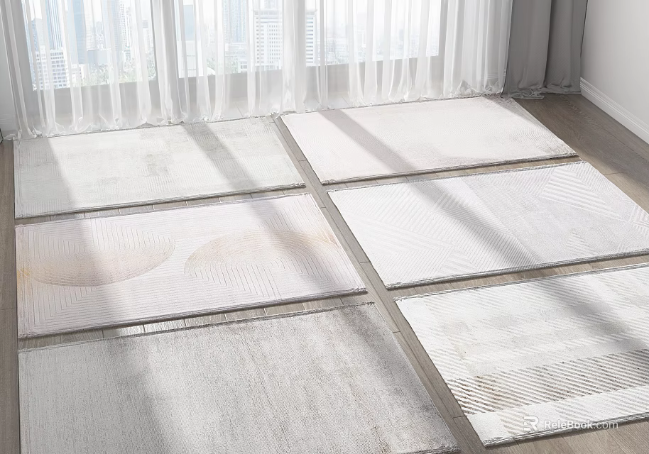 Light Colored Textured Square Rugs With Geometric Patterns In Bright Room 3d model 