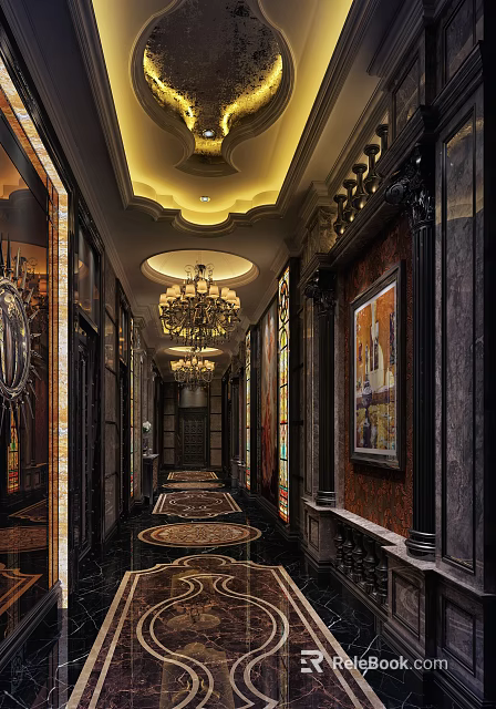 Luxurious Elevator Hallway Interior With Crystal Chandeliers Marble Flooring And Decorative Paintings 3d model 