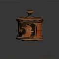 Ancient Greek Style Carved Cylindrical Container With Red Black Figure Motifs And Lid