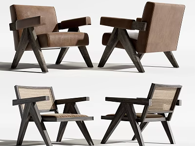 Modern Accent Chairs With Leather And Rattan Seats Wooden Frame And Armrests Design 3d model