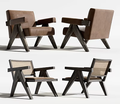 Modern Accent Chairs With Leather And Rattan Seats Wooden Frame And Armrests Design 3d model