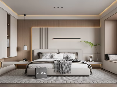 Modern Bedroom Interior With Wooden Panel Headboard Bedside Table Lamp Rug And Potted Plant 3d model