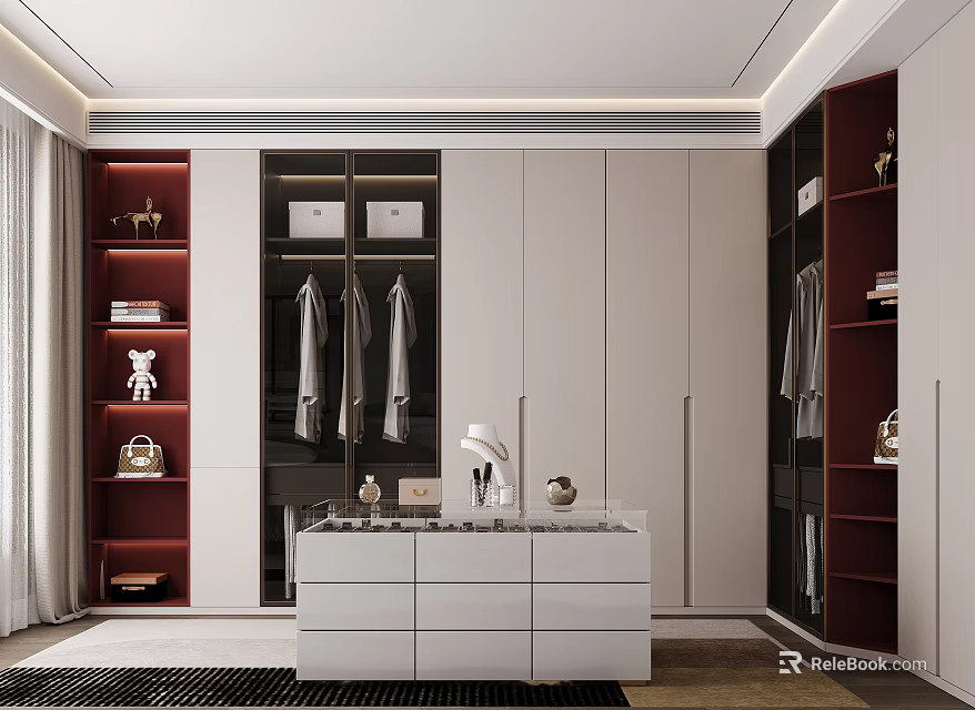 Modern Closet Interior Design With Hanging Rods Drawers And Open Storage Shelves 3d model 