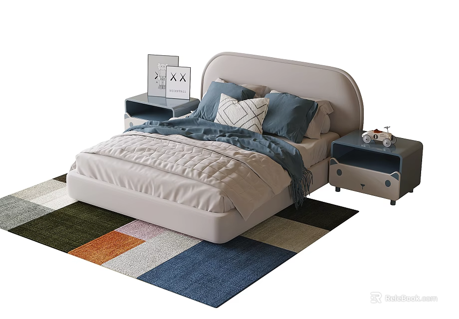 Colorful Kids Bed With Upholstered Headboard Blue Gray Bedding Dark Nightstands And Multicolored Patchwork Rug 3d model 